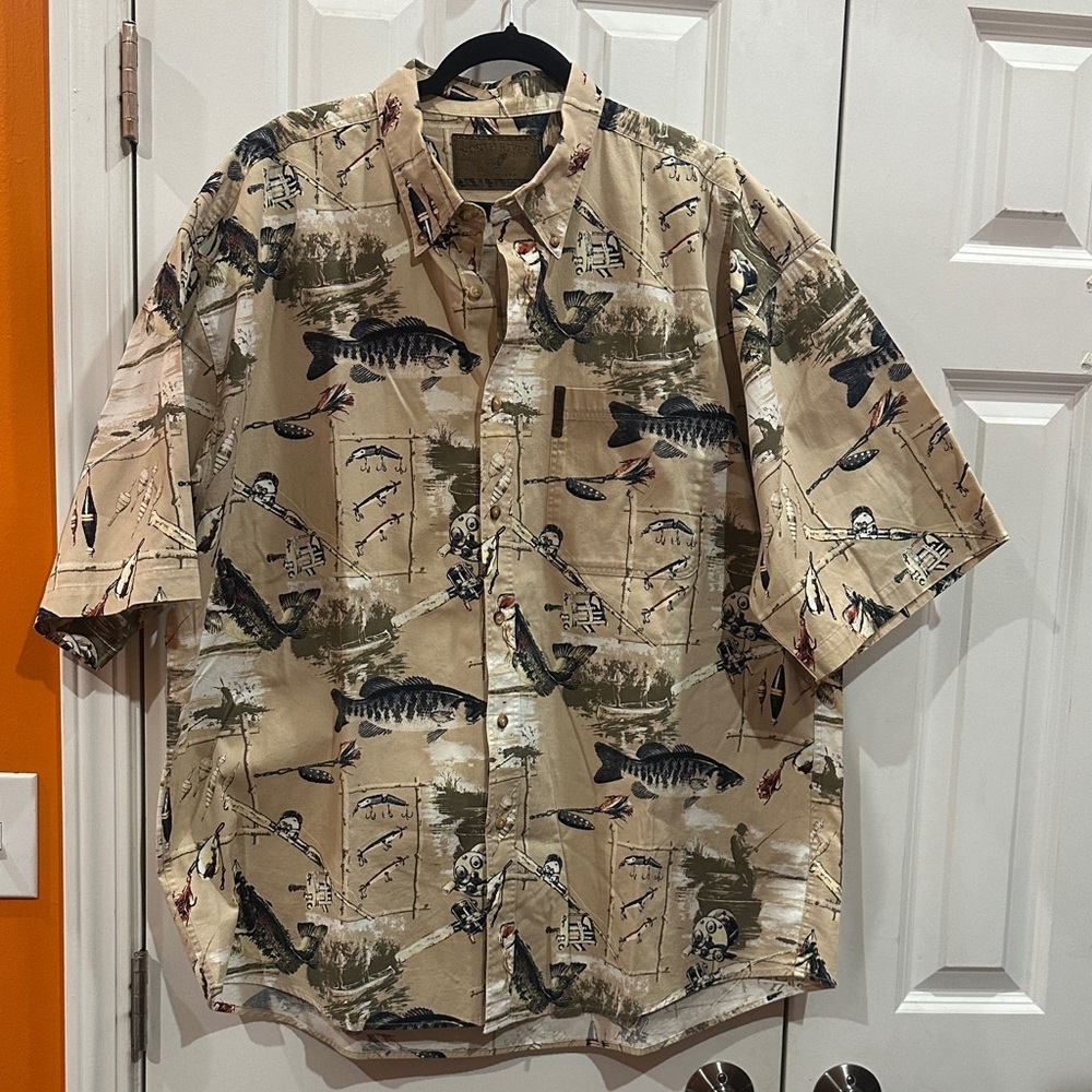 NEW Men's Beige Fishing Print Shirt size XXL